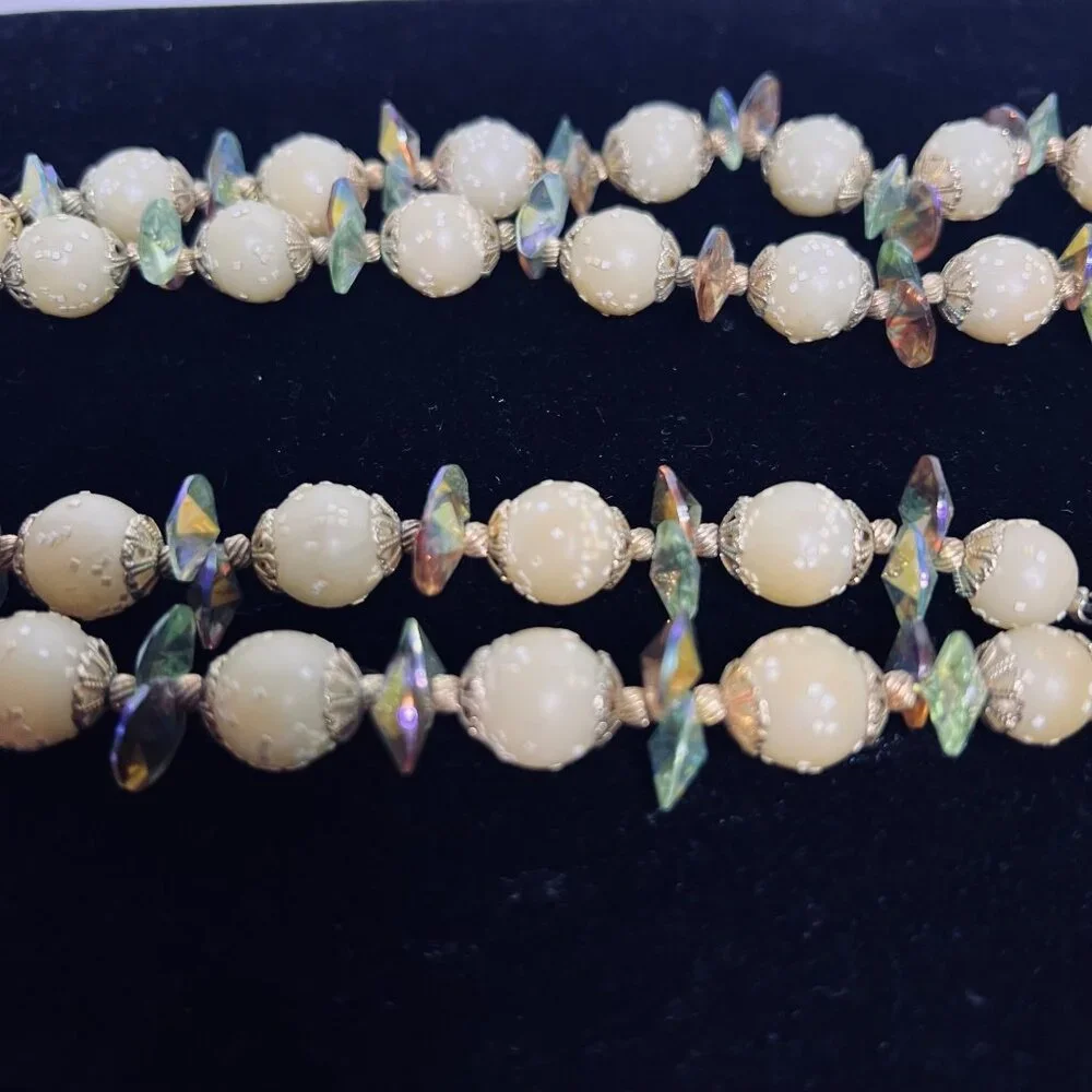 Vintage Double Strand Sugared Bead And AB Rhinestone Necklace (6120) - Picture 7 of 9